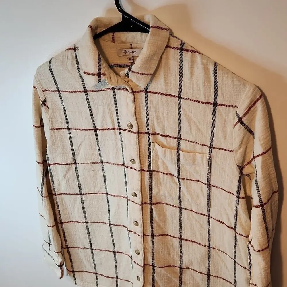 Madewell Flannel Oversized Ex Boyfriend Shirt Plaid Women's Sz XS Cream EUC NICE - Picture 5 of 12